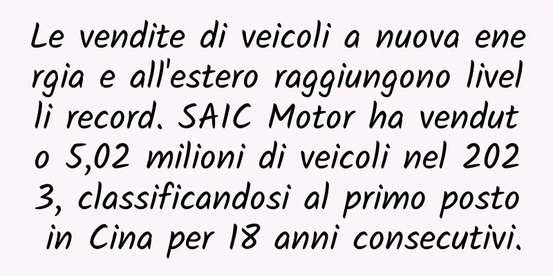 Le vendite di veicoli a nuova energia e all'estero raggiungono livelli record. SAIC Motor ha venduto 5,02 milioni di veicoli nel 2023, classificandosi al primo posto in Cina per 18 anni consecutivi.