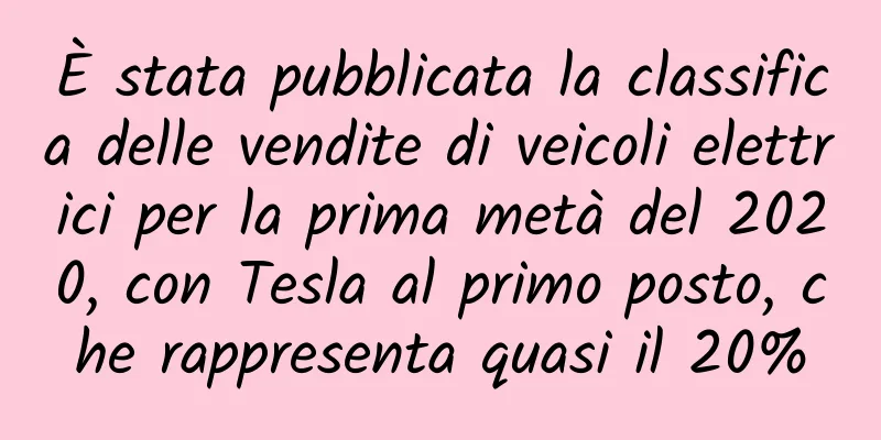È stata pubblicata la classifica delle vendite di veicoli elettrici per la prima metà del 2020, con Tesla al primo posto, che rappresenta quasi il 20%