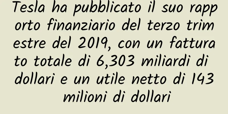 Tesla ha pubblicato il suo rapporto finanziario del terzo trimestre del 2019, con un fatturato totale di 6,303 miliardi di dollari e un utile netto di 143 milioni di dollari