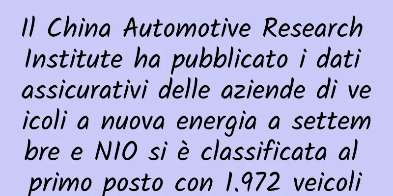 Il China Automotive Research Institute ha pubblicato i dati assicurativi delle aziende di veicoli a nuova energia a settembre e NIO si è classificata al primo posto con 1.972 veicoli