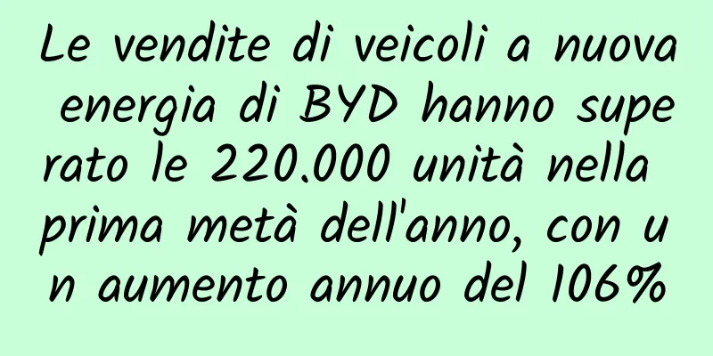 Le vendite di veicoli a nuova energia di BYD hanno superato le 220.000 unità nella prima metà dell'anno, con un aumento annuo del 106%