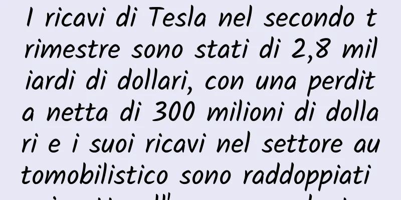 I ricavi di Tesla nel secondo trimestre sono stati di 2,8 miliardi di dollari, con una perdita netta di 300 milioni di dollari e i suoi ricavi nel settore automobilistico sono raddoppiati rispetto all'anno precedente