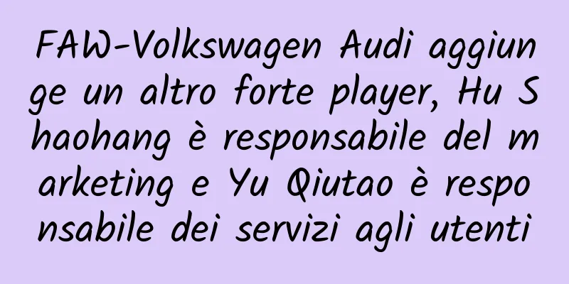 FAW-Volkswagen Audi aggiunge un altro forte player, Hu Shaohang è responsabile del marketing e Yu Qiutao è responsabile dei servizi agli utenti