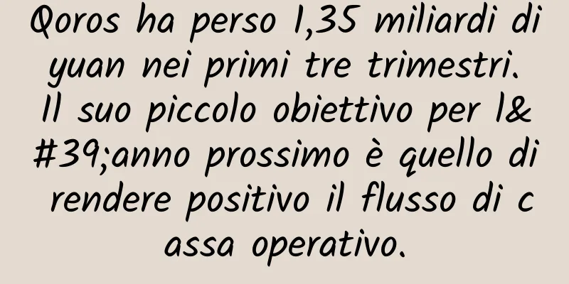 Qoros ha perso 1,35 miliardi di yuan nei primi tre trimestri. Il suo piccolo obiettivo per l'anno prossimo è quello di rendere positivo il flusso di cassa operativo.