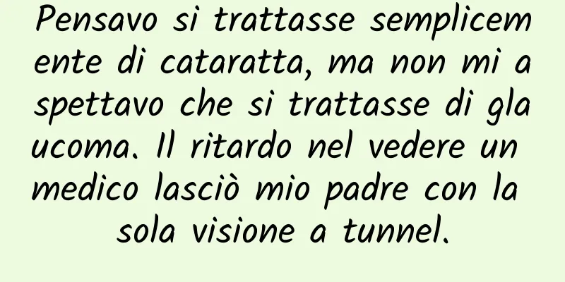 Pensavo si trattasse semplicemente di cataratta, ma non mi aspettavo che si trattasse di glaucoma. Il ritardo nel vedere un medico lasciò mio padre con la sola visione a tunnel.