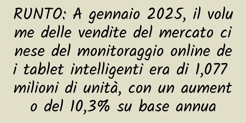 RUNTO: A gennaio 2025, il volume delle vendite del mercato cinese del monitoraggio online dei tablet intelligenti era di 1,077 milioni di unità, con un aumento del 10,3% su base annua