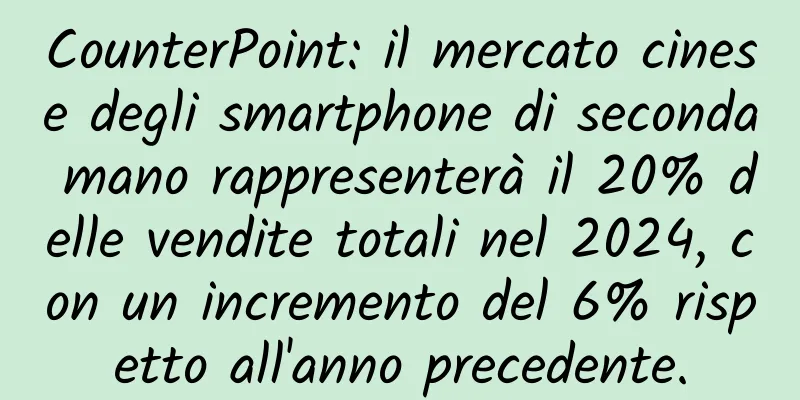 CounterPoint: il mercato cinese degli smartphone di seconda mano rappresenterà il 20% delle vendite totali nel 2024, con un incremento del 6% rispetto all'anno precedente.
