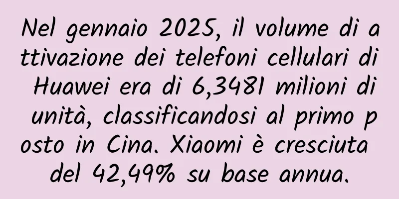 Nel gennaio 2025, il volume di attivazione dei telefoni cellulari di Huawei era di 6,3481 milioni di unità, classificandosi al primo posto in Cina. Xiaomi è cresciuta del 42,49% su base annua.