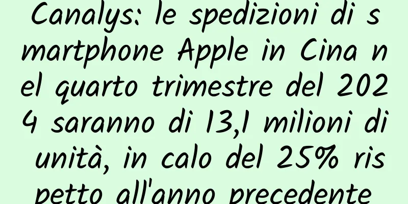 Canalys: le spedizioni di smartphone Apple in Cina nel quarto trimestre del 2024 saranno di 13,1 milioni di unità, in calo del 25% rispetto all'anno precedente