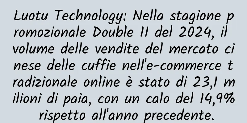 Luotu Technology: Nella stagione promozionale Double 11 del 2024, il volume delle vendite del mercato cinese delle cuffie nell'e-commerce tradizionale online è stato di 23,1 milioni di paia, con un calo del 14,9% rispetto all'anno precedente.