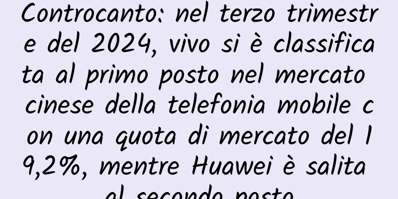 Controcanto: nel terzo trimestre del 2024, vivo si è classificata al primo posto nel mercato cinese della telefonia mobile con una quota di mercato del 19,2%, mentre Huawei è salita al secondo posto