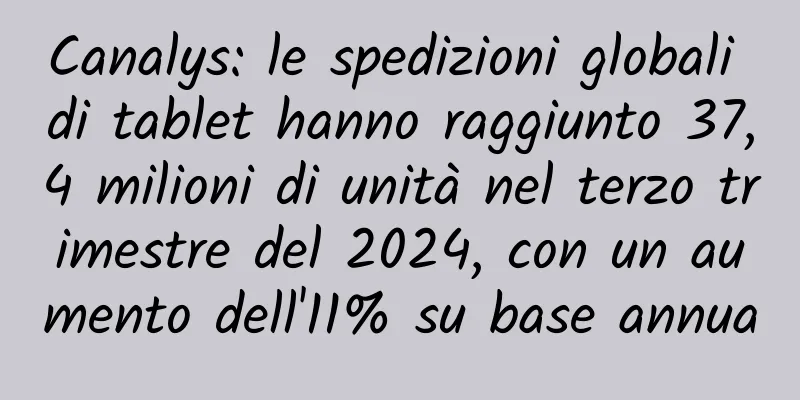 Canalys: le spedizioni globali di tablet hanno raggiunto 37,4 milioni di unità nel terzo trimestre del 2024, con un aumento dell'11% su base annua