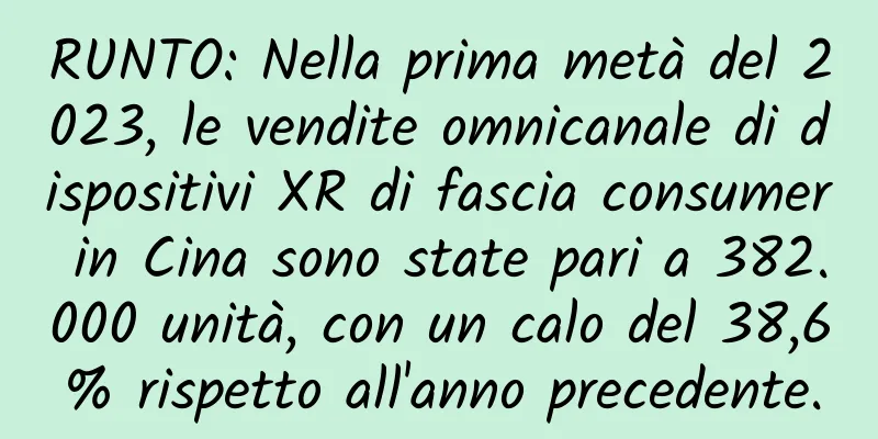 RUNTO: Nella prima metà del 2023, le vendite omnicanale di dispositivi XR di fascia consumer in Cina sono state pari a 382.000 unità, con un calo del 38,6% rispetto all'anno precedente.