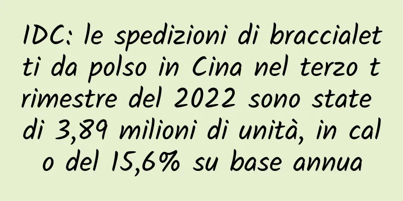 IDC: le spedizioni di braccialetti da polso in Cina nel terzo trimestre del 2022 sono state di 3,89 milioni di unità, in calo del 15,6% su base annua