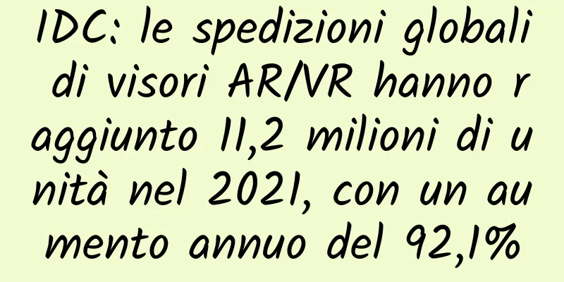 IDC: le spedizioni globali di visori AR/VR hanno raggiunto 11,2 milioni di unità nel 2021, con un aumento annuo del 92,1%