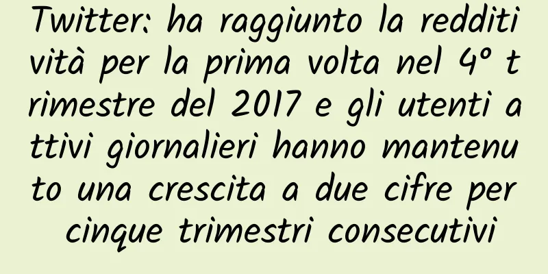 Twitter: ha raggiunto la redditività per la prima volta nel 4° trimestre del 2017 e gli utenti attivi giornalieri hanno mantenuto una crescita a due cifre per cinque trimestri consecutivi