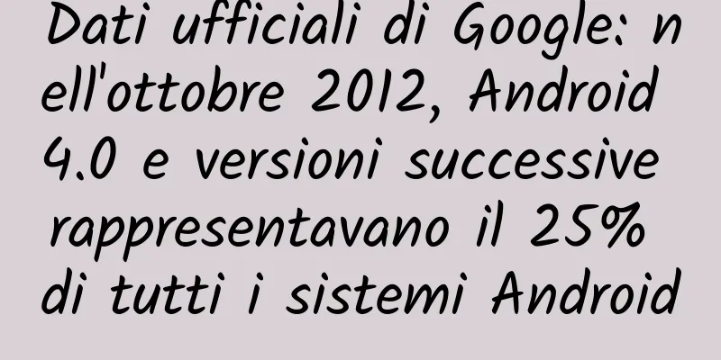Dati ufficiali di Google: nell'ottobre 2012, Android 4.0 e versioni successive rappresentavano il 25% di tutti i sistemi Android