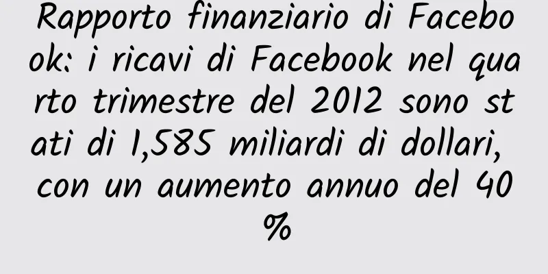 Rapporto finanziario di Facebook: i ricavi di Facebook nel quarto trimestre del 2012 sono stati di 1,585 miliardi di dollari, con un aumento annuo del 40%