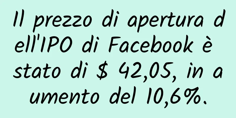 Il prezzo di apertura dell'IPO di Facebook è stato di $ 42,05, in aumento del 10,6%.