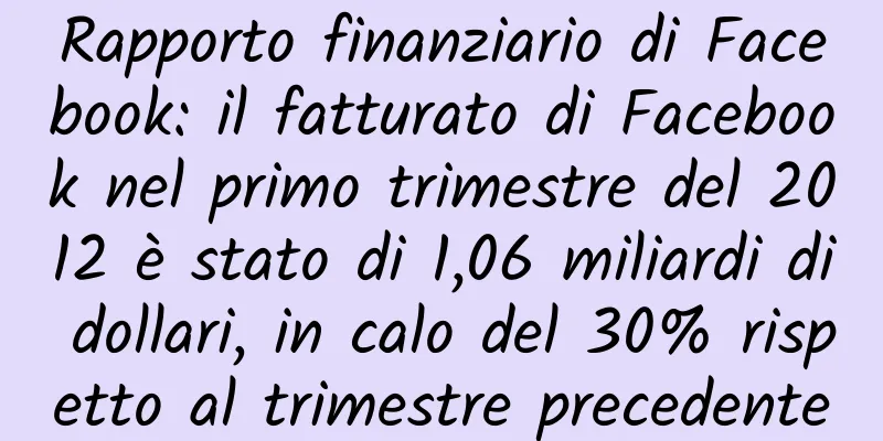 Rapporto finanziario di Facebook: il fatturato di Facebook nel primo trimestre del 2012 è stato di 1,06 miliardi di dollari, in calo del 30% rispetto al trimestre precedente