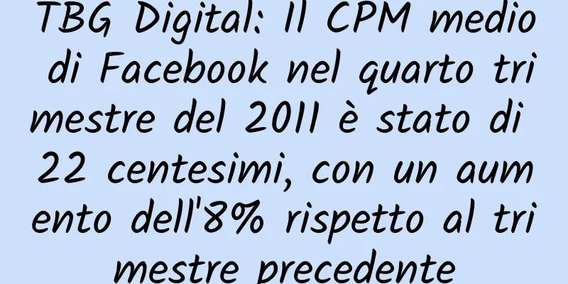 TBG Digital: Il CPM medio di Facebook nel quarto trimestre del 2011 è stato di 22 centesimi, con un aumento dell'8% rispetto al trimestre precedente