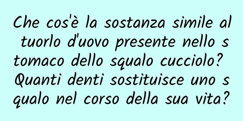 Che cos'è la sostanza simile al tuorlo d'uovo presente nello stomaco dello squalo cucciolo? Quanti denti sostituisce uno squalo nel corso della sua vita?